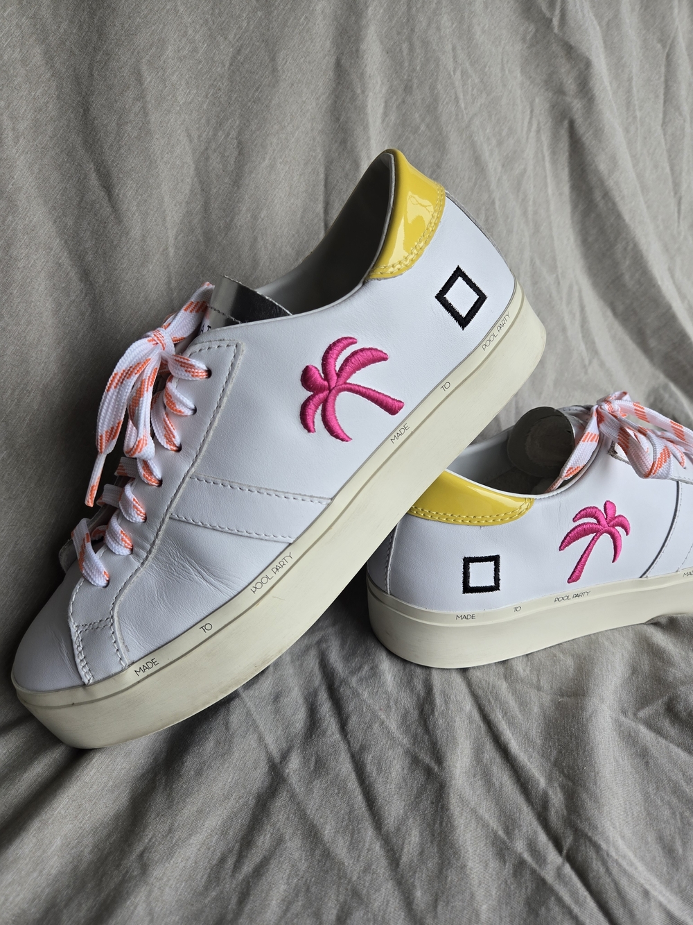 D.A.T.E. Hill Low Premium Italian Leather Sneakers White Pink Palm Tree US 7 - Picture 3 of 14